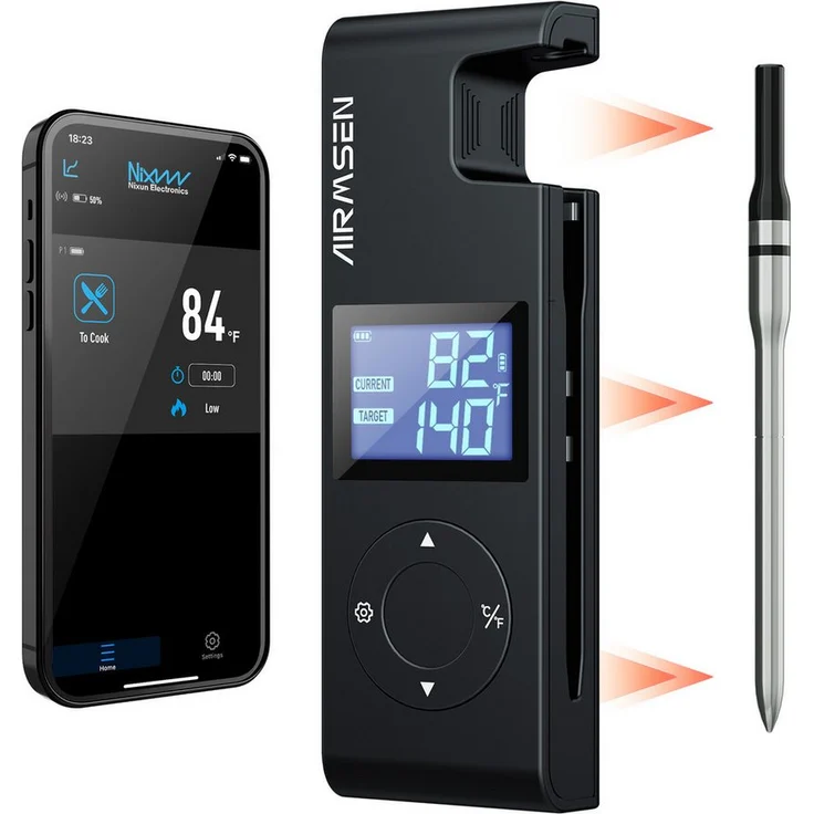Airmsen Grillthermometer Bluetooth, kabelloses Fleischthermometer mit 1000mAh, hitzebeständigem Keramikgriff, 150m Reichweite und LCD-Display für präzise Temperaturkontrolle beim BBQ