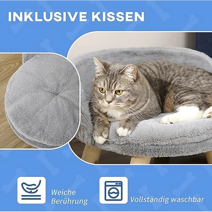 Pawhut Katzensofa, Haustiersofa mit Kissen, Katzenbett, katzensessel Katzenhocker erhöhtes Haustierbett mit rutschfesten Holzfüße, Hundesofa, Indoor, Grau, 40,5 x 40,5 x 33 cm – Bild 5