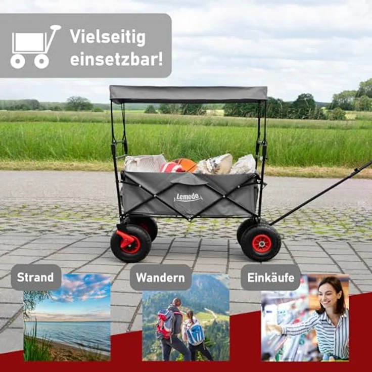Lemodo Bollerwagen mit Luftreifen, faltbar, 120 kg Tragkraft, Dach, abnehmbarer grauer Bezug, ideal für Camping & Strand – Bild 5