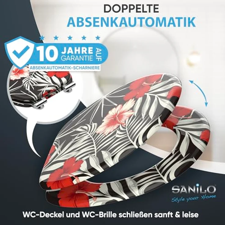 Sanilo WC Sitz Hibisca, Absenkautomatik, stabiler Holz-Toilettendeckel, antibakterielle Oberfläche, passend für alle WCs – Bild 3