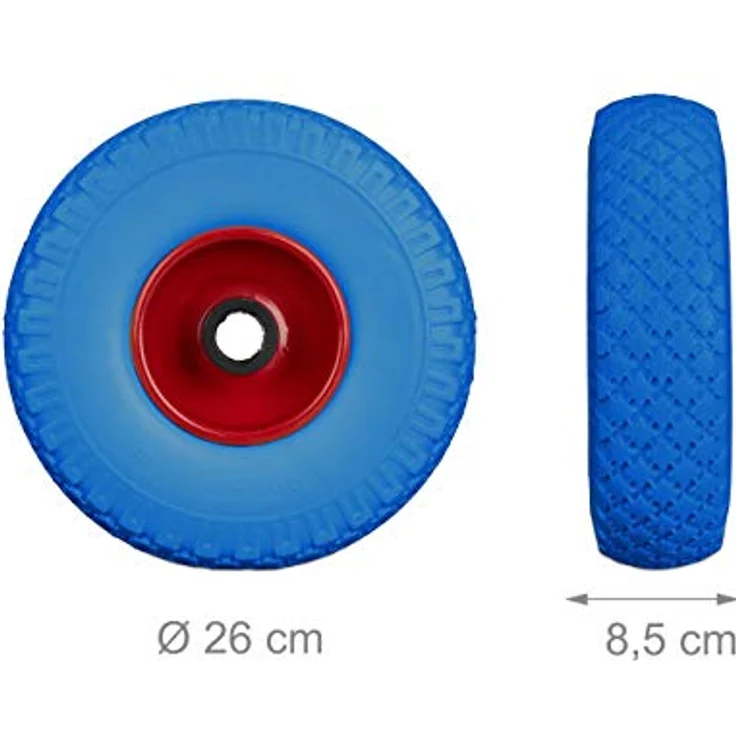 Sackkarrenrad Set, pannensicher, 3.00-4 Vollgummireifen, Stahlfelge, 25 mm Achse, 100 kg, 260x85mm, blau-rot – Bild 5