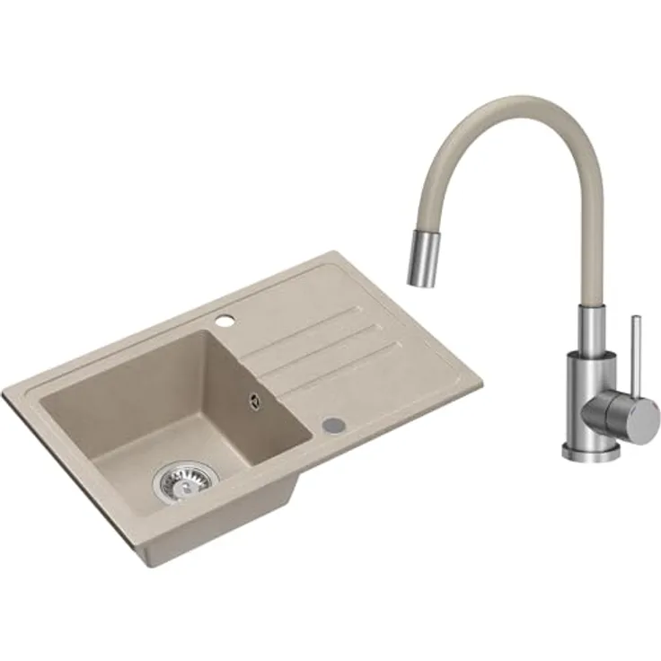 VBChome Spülbecken Granit Beige mit Armatur 70 x 44 cm Einzelbecken Einbauspüle Gesprenkelt Reversibel Granitspüle Siphon Waschbecken Beige Armatur mit Flexiblem Auslauf