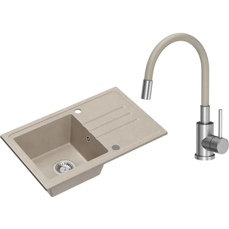 VBChome Spülbecken Granit Beige mit Armatur 70 x 44 cm Einzelbecken Einbauspüle Gesprenkelt Reversibel Granitspüle Siphon Waschbecken Beige Armatur mit Flexiblem Auslauf – Bild 1