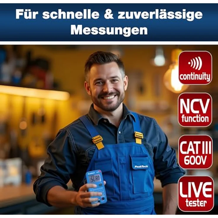 PeakTech 1073 True RMS SMART Multimeter, Auto-Range, 4.000 Counts, Durchgangsprüfer, Mehrfach-Messgerät, Voltmeter; 600V - 10A, NCV und Live-Test in Blau/Rot – Bild 5