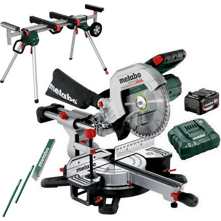 Metabo Akku Kappsäge KGS 18 LTX BL 254, Set mit Untergestell KSU 251, leistungsstarker Brushless-Motor, präzise Schnittführung, große Schnittkapazität