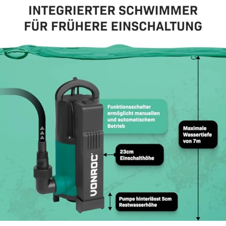 VONROC Tauchpumpe mit integriertem Schwimmer [750W] - Schmutzwasserpumpe für Keller, Pool, Gartenteich - Flachsaugend max Höhe [7,5m] - 1400 l/h für sauberes und schmutziges Wasser – Bild 2