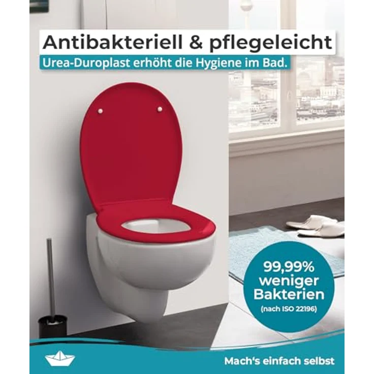 Calmwaters WC Sitz Premium Rot, Absenkautomatik, antibakteriell, abnehmbar, Duroplast, 250 kg Tragkraft, universale Standard-Form – Bild 6