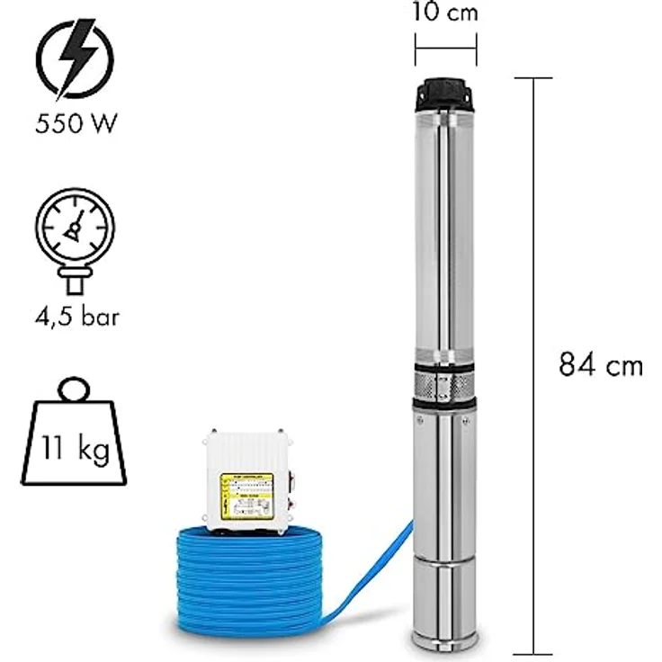 EBERTH 4" Tiefbrunnenpumpe, Elektrisch 550W, Edelstahl, max. Förderhöhe 43m, 20m Stromkabel, Schmutzsieb – Bild 2