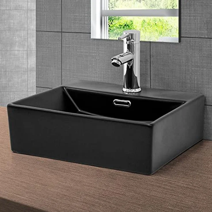 ML-Design Waschbecken aus Keramik Schwarz 415x365x130 mm Eckige Aufsatzwaschbecken, Moderne Waschtisch, Waschschale mit Überlauf und Abflussloch, Waschplatz Handwaschbecken, für Badezimmer/Gäste-WC – Bild 1