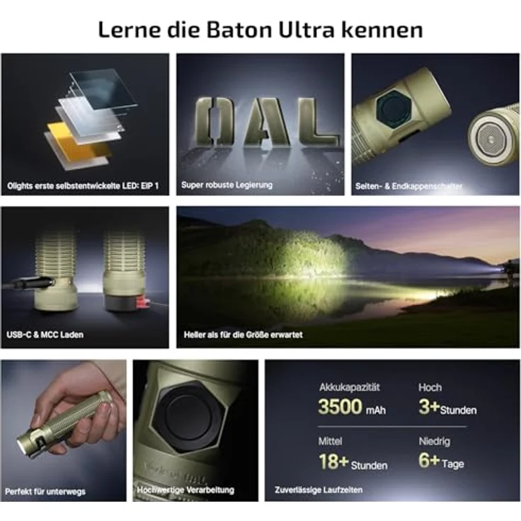 OLIGHT Baton Ultra LED Taschenlampe, 1800 Lumen, 6 Lichtmodi, IPX8 Wasserdicht, Aufladbar, Olivgrün – Bild 3