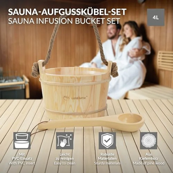 LuxeBath Saunazubehör-Set, 2-tlg. Aufgusskübel aus Kiefernholz mit PVC-Einsatz, 4L Saunaeimer mit Seilgriff & Schöpfkelle, langlebiges Wassereimer Zubehör – Bild 2