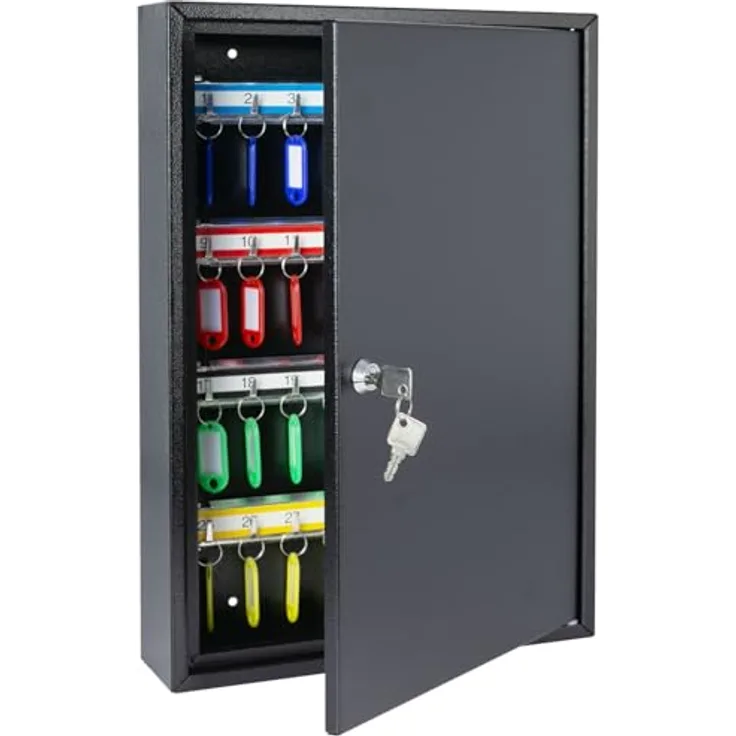 HMF Schlüsselkasten abschließbarer Schlüsselschrank mit 64 Haken, verstellbare Hakenleisten, 45 x 30 x 8 cm, schwarz