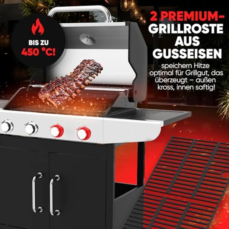 ProfiCook PC GG 1311, Gasgrill mit 4 Brennern, Temperaturen bis zu 450°C, gusseiserne Roste, Temperaturanzeige und Flaschenöffner – Bild 2