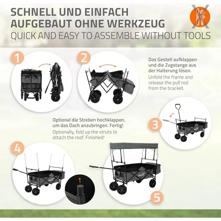 Hauki Bollerwagen L faltbar mit abnehmbarem Dach, grau, bis 80 kg Tragkraft, inkl. 2 Netztaschen und 1 Außentasche, Vorderrad-Bremse, für Kinder und Geräte – Bild 4