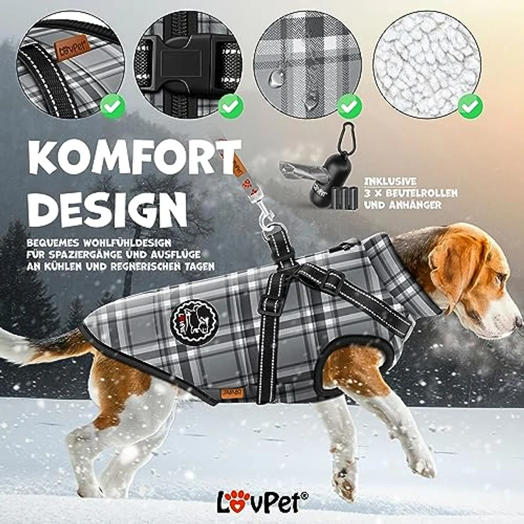 LOVPET® Hundejacke Hundemantel mit Geschirr, inkl. 45 Stück Kotbeutel + Spender, Hunde Winterweste gefüttert wasserdicht, Gepolsterte Weste Mit Brustgurt, Reflektoren, D-Ring 5XL, Grau – Bild 3