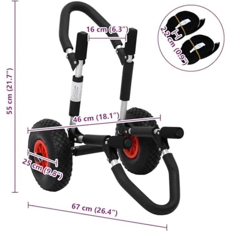 vidaXL SUP-Transportwagen Klappbar für Surfbrett, Aluminium, schwarz/silbern, 45 kg Belastbarkeit, inkl. Schaumstoffpolsterung und Gurten – Bild 3