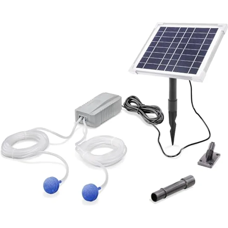 Esotec Solar Teichbelüfter Set 6/200 Duo, Sauerstoffpumpe mit LiFePO4 Akku, 200 l/h Luftleistung, Solarpanel 6W, inklusive Erdspieß