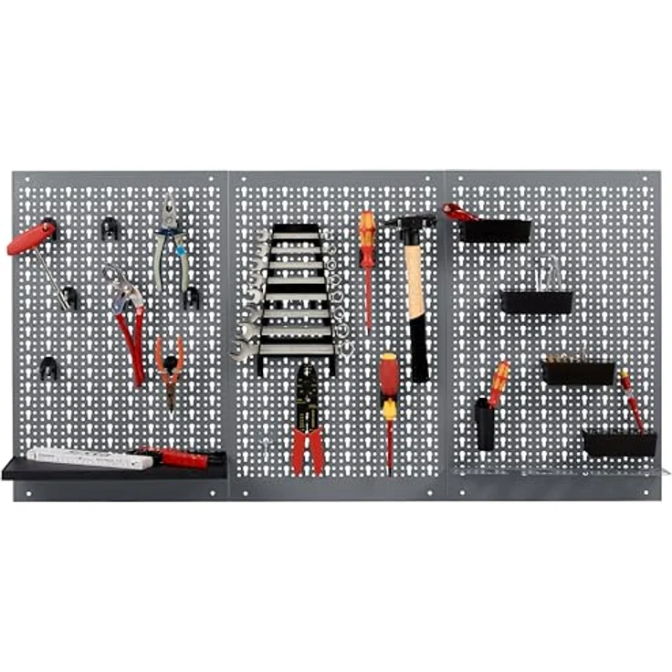 Küpper Lochwand 70108, 3-teilige Werkzeugwand aus pulverbeschichtetem Stahl, inkl. 12 Haken, 120 x 60 cm, hellgrau, Made in Germany – Bild 1