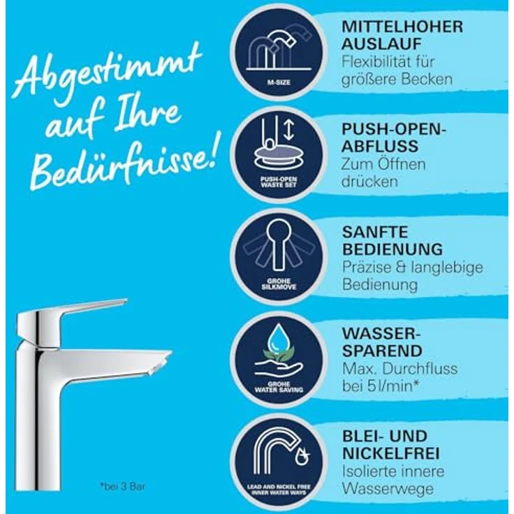 Grohe QuickFix Start Waschtischarmatur, Einlochmontage mit Metallhebel, temperaturbegrenzt, EcoJoy 5,7 l/min, chrom – Bild 4