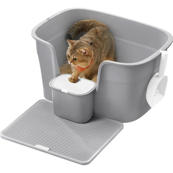 FEANDREA Katzentoilette für große Katzen, mit hohen Seitenwänden, Schaufel, Taubengrau/Cappuccinobeige