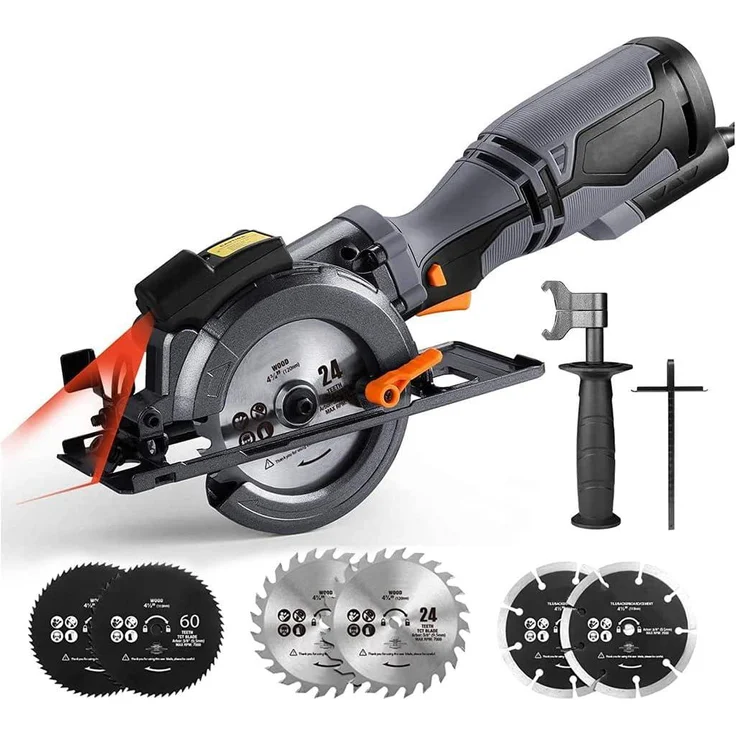 DOVAMAN Mini-Handkreissäge, 710W mit Laser, 115mm, Metall-Zusatzgriff, 6 Sägeblätter, kabelgebunden