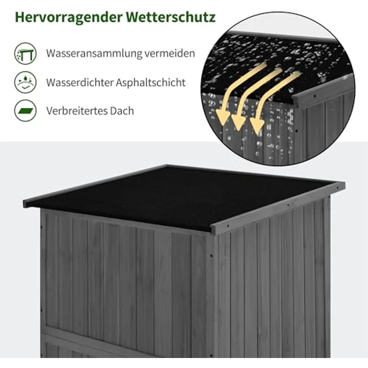 M MCombo Gartenschrank Holz, wetterfestes Gartenhaus für Außenbereich, 55×90×169cm, grau, mit 2 Ablageflächen und abschließbarem Riegel – Bild 4