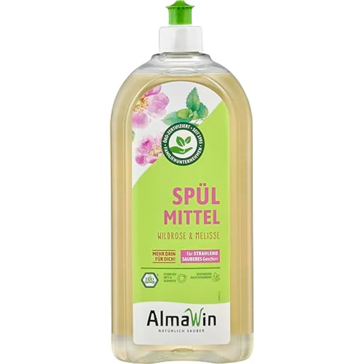 Almawin Spülmittel Wildrose Melisse 1L, hochkonzentriertes Geschirrspülmittel mit zartem Blumenduft, hautmild und vegan