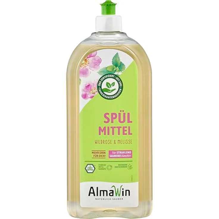 Almawin Spülmittel Wildrose Melisse 1L, hochkonzentriertes Geschirrspülmittel mit zartem Blumenduft, hautmild und vegan – Bild 1