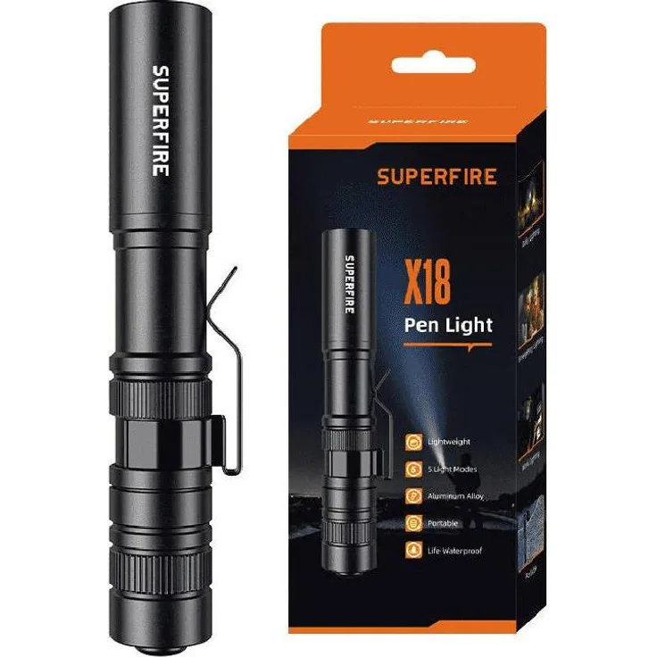 Superfire X18, Taschenlampe mit 55 Lumen, 5 Lichtmodi, IP44 wetterfest, 9,44 cm