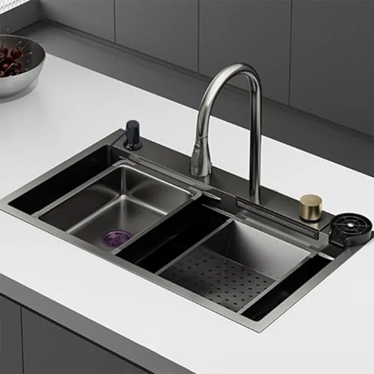 Faizee Möbel Neom Premium Edelstahlspüle & Nano Spüle in Schwarz – 4-fach Wasserhahn, Wasserfall, Nano-Technologie, Schalldämmung & Zubehör (76x44x22)