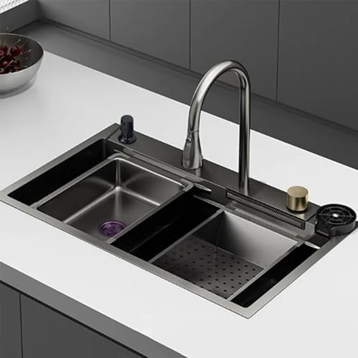Faizee Möbel Neom Premium Edelstahlspüle & Nano Spüle in Schwarz – 4-fach Wasserhahn, Wasserfall, Nano-Technologie, Schalldämmung & Zubehör (76x44x22) – Bild 1