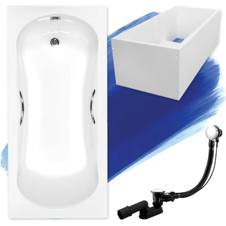 Besco BADLAND ARIA PLUS Badewanne, Weiß, 160x70 cm, Komplettset mit Premium Wannenträger, Füßen und Chrom Automatik Ablaufgarnitur, Made in EU 4in1 – Bild 1