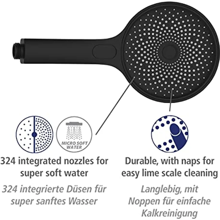 WENKO Softwater Duschkopf, 3 Strahlarten, Universalhandbrause spritzarm und leise in der Funktion, Duschbrause, super sanftes Wasser dank mehr Düsen am Brausekopf, Duschkopf Ø 13 cm, ABS Schwarz matt – Bild 3