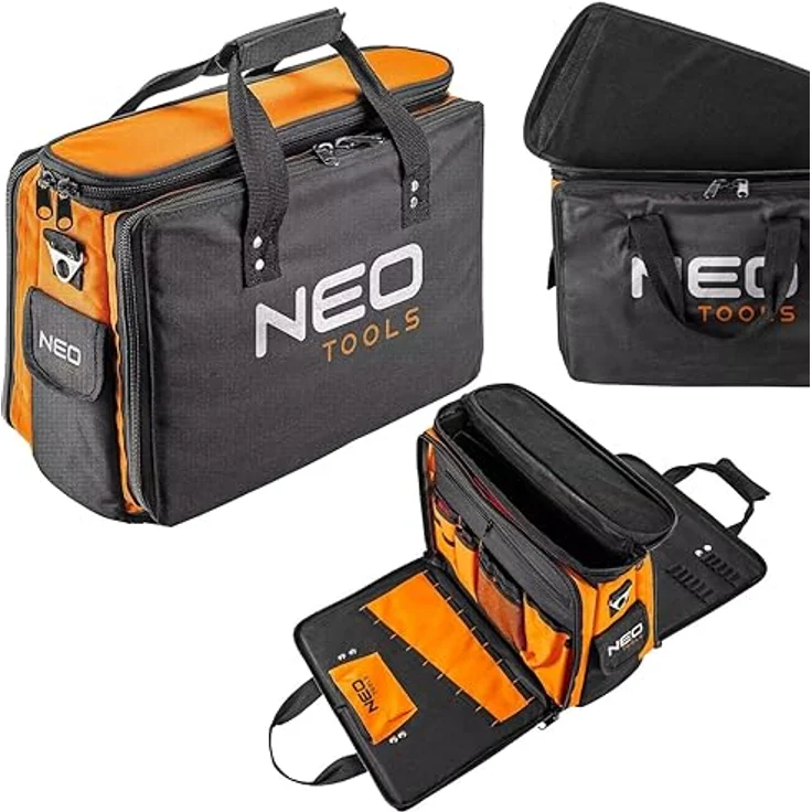 NEO TOOLS Werkzeugtasche Monteurtasche Polyester 600D, 17 Innentaschen, 2 Außentaschen, starre Bauweise, verstärkte Reißverschlüsse, 43.5 x 33 x 20 cm - Schwarz – Bild 1