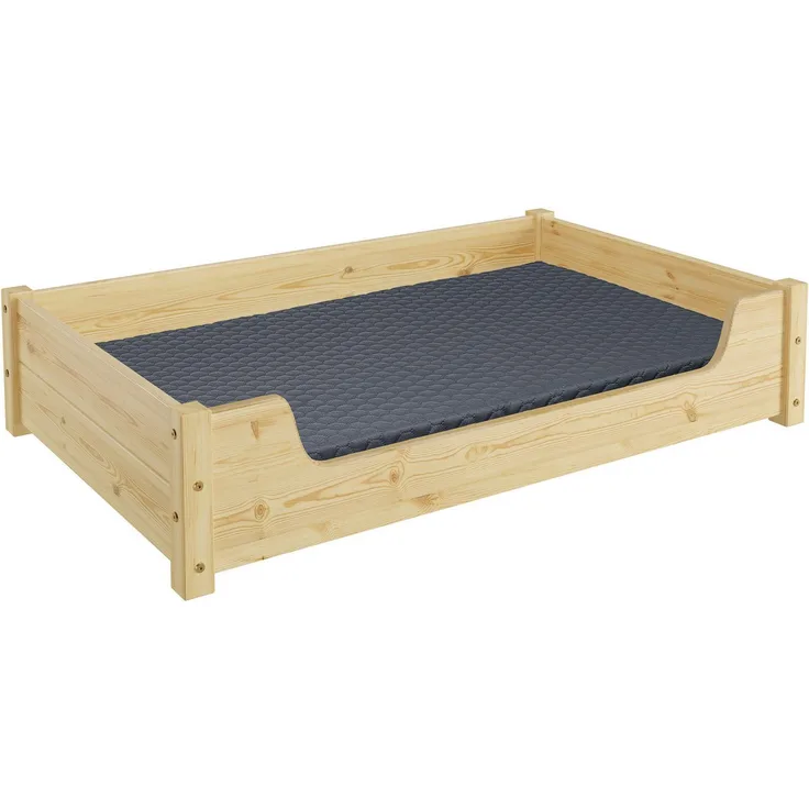 ERST-HOLZ Tierbett Hundebett für große Hunde 100x60 Kiefer Tierbett, alle Größen, rustikales Holz-Tierbett, stabiler Kiefernholz-Bettrahmen, optional mit Matratze und Kissenrolle, grau