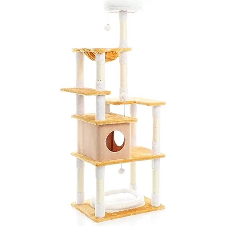 Fudajo Kratzbaum in Weiß/Braun 164 cm hoch mit Katzenhaus, Liegemulde, Sisal und Spielbällen
