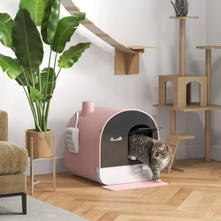 PawHut Katzentoilette mit Haube für Katzen bis 5 kg - Rosa, inkl. Schaufel und Schmutzfangmatte – Bild 2