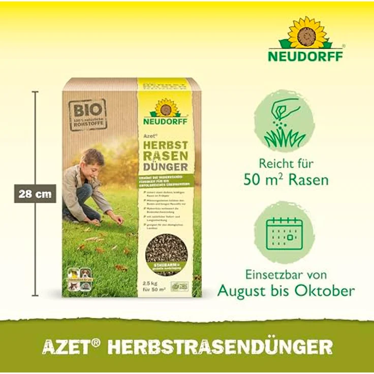 Neudorff Azet HerbstRasenDünger, Organischer Bio-Dünger für 50 m² mit hohem Kaliumgehalt zur Stärkung der Frosthärte, 2,5 kg – Bild 3