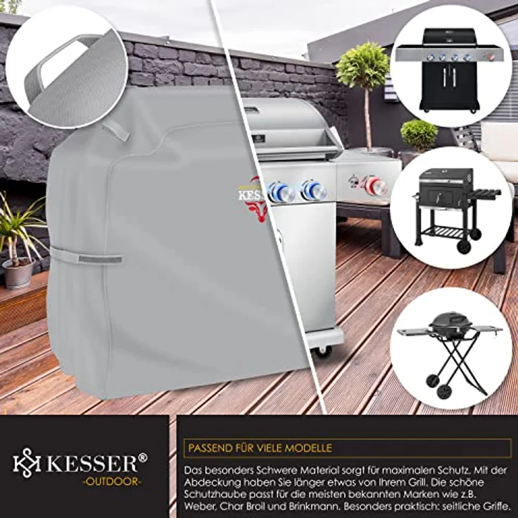 KESSER Premium BBQ Grillabdeckung Gasgrill Grillhaube Abdeckung Wetterfest - für Weber, Brinkmann, Char Broil Grill Abdeckhaube Schutzhülle 600D Oxford- Gewebe Reißfest Grau, 147 x 61 x 122 cm (BxTxH) – Bild 6