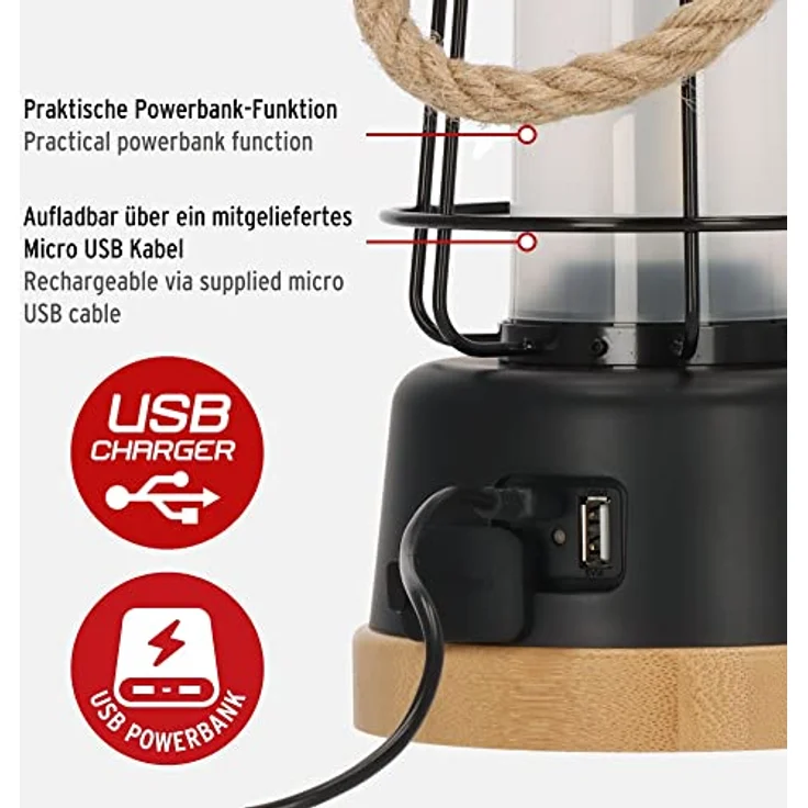 Brennenstuhl LED Akku Outdoor Lampe CAL 1 (350lm, IP44, bis zu 75h Leuchtdauer, stufenlos dimmbar, Farbtemperatur einstellbar, wiederaufladbare USB Campinglampe mit Hanfseil und Bambussockel) – Bild 4