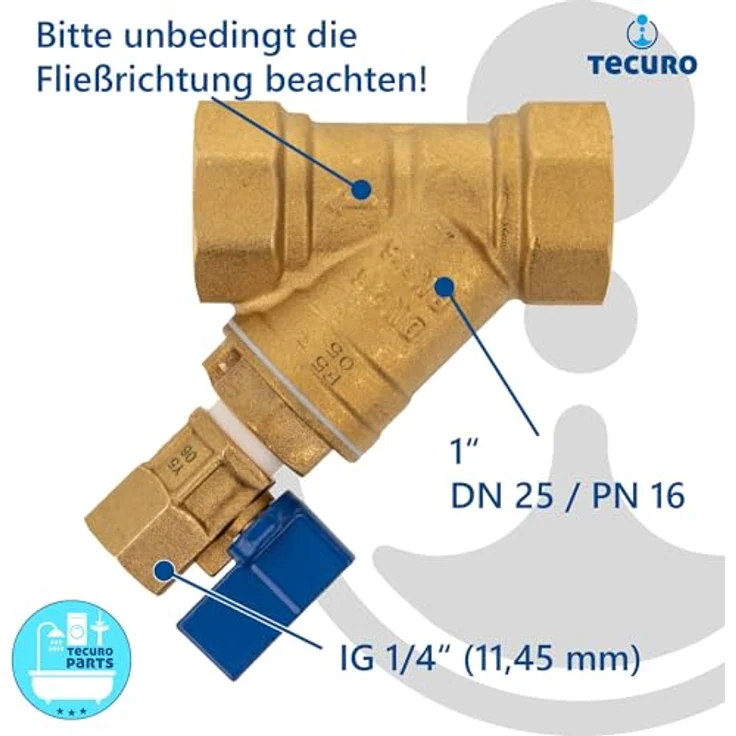 tecuro Schrägsitz Schmutzfänger G 1 Zoll (DN 25) mit Entleerungsventil, Edelstahl-Sieb 0,5 mm Maschenweite, Messing – Bild 3