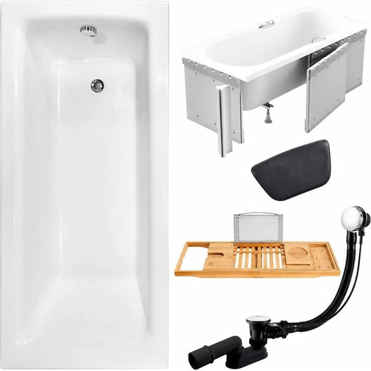 KOLMAN Acryl-Badewanne TALIA 100 x 70 cm mit Styroporverkleidung, Bambus Ablage und schwarzer Kopfstütze KODI, inkl. Ablauf und Füße