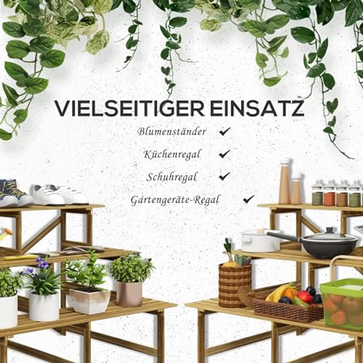 Outsunny 3-Etagen Pflanzenständer, klappbarer Blumenständer aus Holz, 78 cm hoch, naturfarben, für Innen und Außen, max. Tragfähigkeit 90 kg – Bild 3