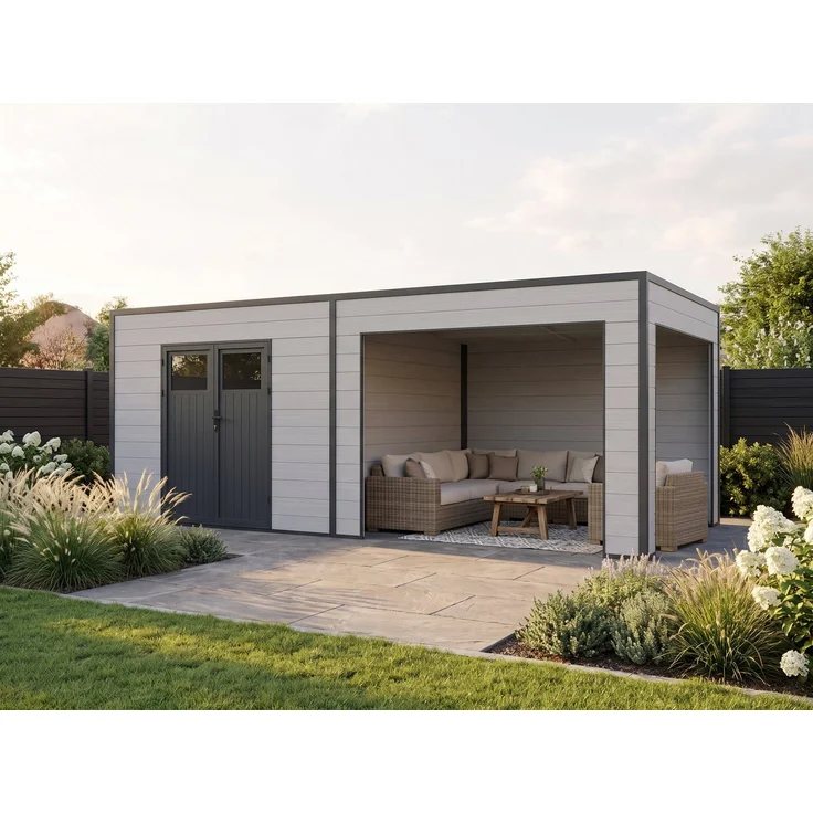 Fjordholz Gartenhaus Cubus Lounge 16,25 m², WPC in Holzoptik grau, Aluminium Doppeltür, Echtglasfenster, witterungsbeständiges Dach