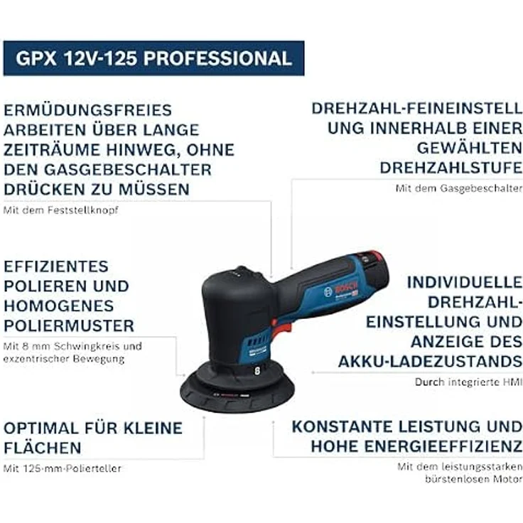 Bosch Professional GPX 12V-125, Akku Exzenterpoliermaschine mit 125-mm-Polierteller und bürstenlosem Motor, Kompakt und ergonomisch – Bild 2