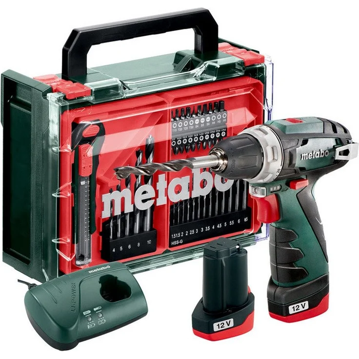 metabo Akku-Bohrschrauber PowerMaxx BS Basic Set 12 V, 2 x 2 Ah Li-Ion im Kunststoffkoffer, Mobile Werkstatt 41-teilig, leicht und kompakt