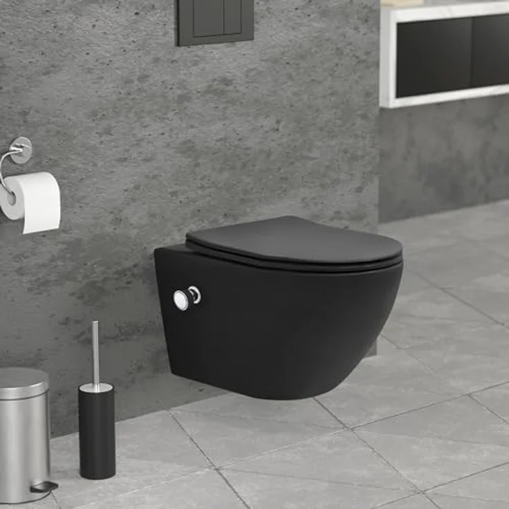 LuxeBath Wand WC Spülrandlos mit Bidet-Funktion, Schwarz matt, 53,5 cm lang, Tiefspüler Keramik Hänge WC, Dusch WC Nano Beschichtung, Tornadospülung, Hängend mit WC-Sitz Absenkautomatik – Bild 1