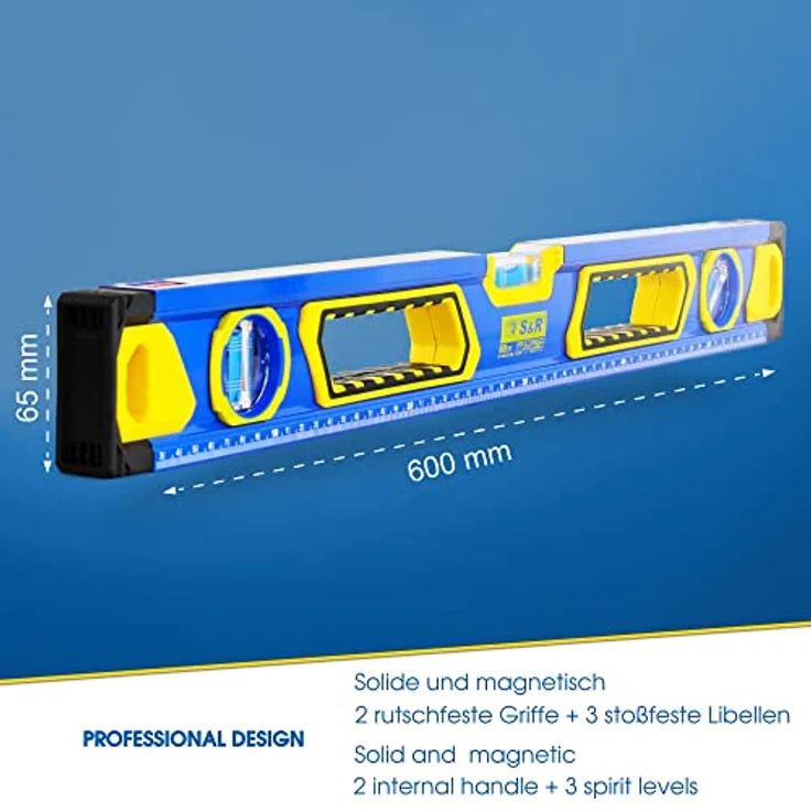S&R Wasserwaage Aluminium magnetisch mit cm Skala, Genauigkeitsklasse 1, stoßfesten Libellen, 60 cm - Preisvergleich – Bild 3