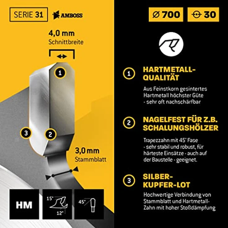 Amboss - HM Kreissägeblatt - NAGELFEST - Ø 700 mm x 4.0 mm x 30 mm | für extremen Einsatz auf Baustellen | Trapezzahn (46 Zähne) | Kombinebenlöcher – Bild 5