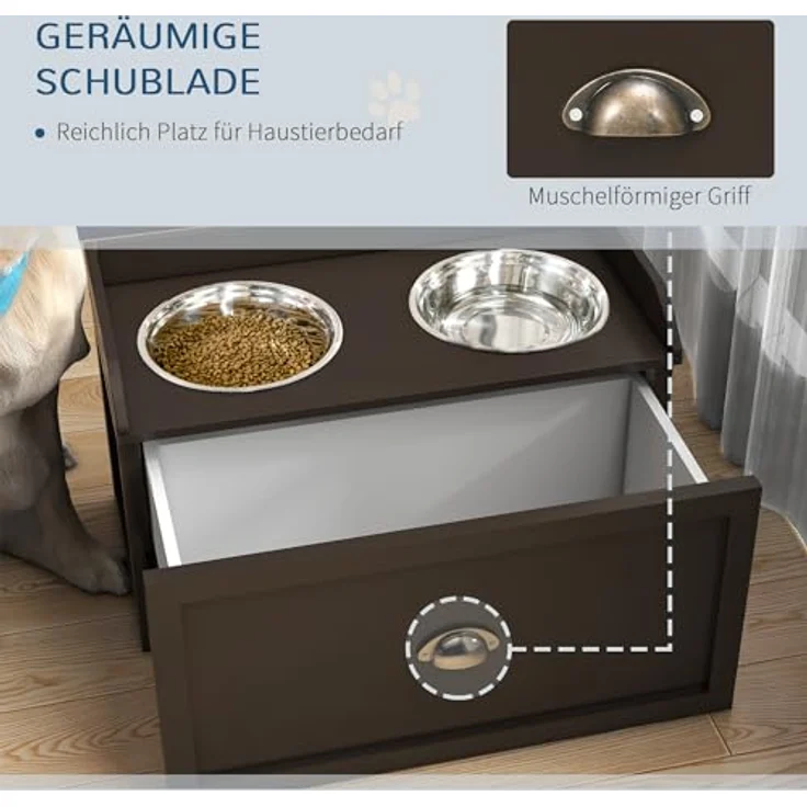 PawHut Hundenapf, 2 x 2L Futternapf, erhöhter Fressnapf mit Schublade, Edelstahlnapf, Futterstation für große Hunde, Kaffee – Bild 4